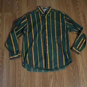 Tommy Hilfiger Striped Green Yellow Men's Button Down Shirt Size M Vintage Retro